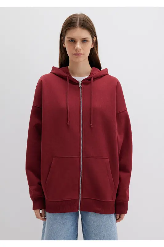 Kapüşonlu Fermuarlı Bordo Sweatshirt 1610221-85493-Bordo - 3