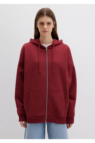 Kapüşonlu Fermuarlı Bordo Sweatshirt 1610221-85493 - Bordo-85493 - 1