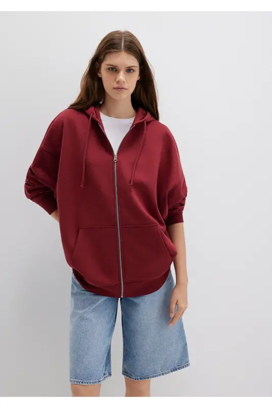 Kapüşonlu Fermuarlı Bordo Sweatshirt 1610221-85493 - Bordo-85493 - 6