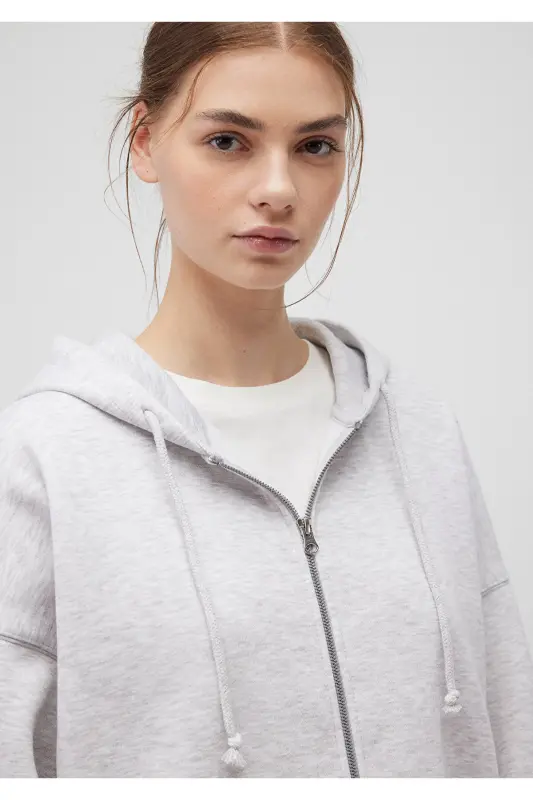 Kapüşonlu Fermuarlı Gri Sweatshirt 1610221-80196 - Gri-80196 - 5