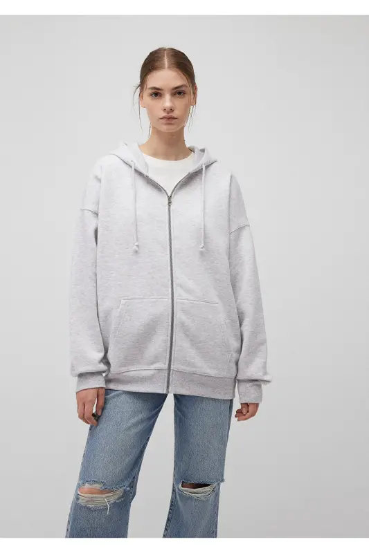 Kapüşonlu Fermuarlı Gri Sweatshirt 1610221-80196 - Gri-80196 - 3