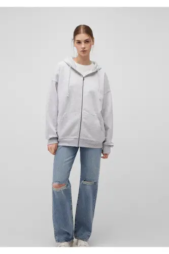 Kapüşonlu Fermuarlı Gri Sweatshirt 1610221-80196 - Gri-80196 - 1