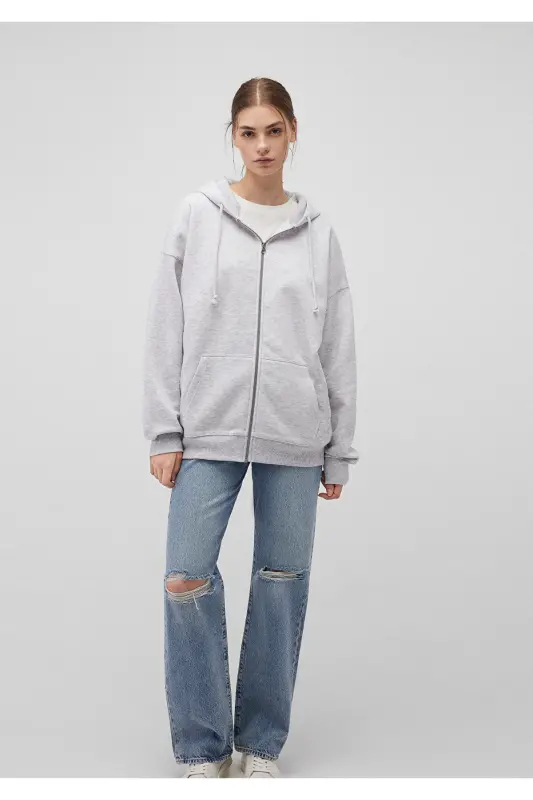 Kapüşonlu Fermuarlı Gri Sweatshirt 1610221-80196 - Gri-80196 - MAVI