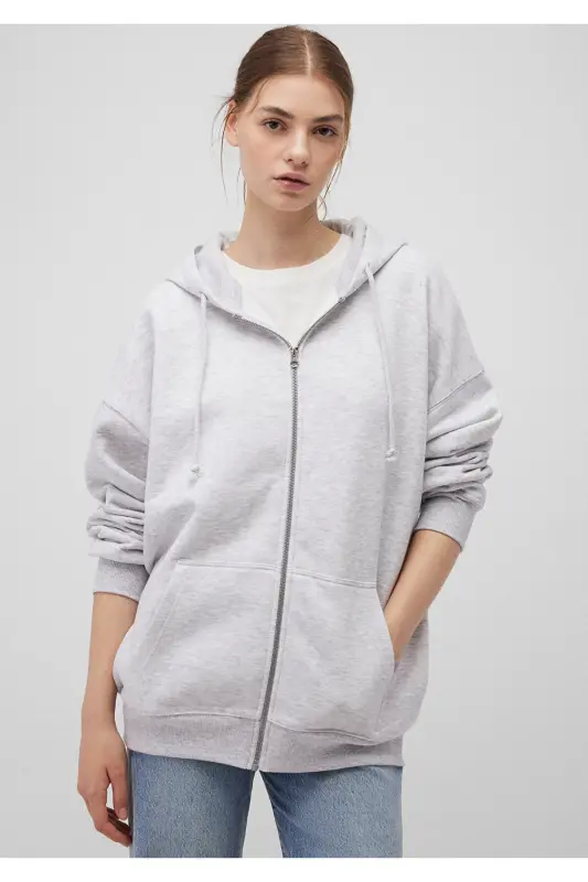 Kapüşonlu Fermuarlı Gri Sweatshirt 1610221-80196 - Gri-80196 - 2