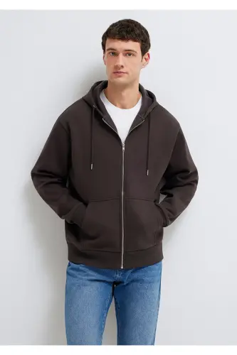 Kapüşonlu Fermuarlı Kahverengi Basic Sweatshirt 0S10277-70219-Kahverengi 