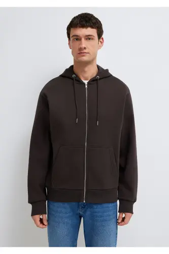 Kapüşonlu Fermuarlı Kahverengi Basic Sweatshirt 0S10277-70219-Kahverengi - 3