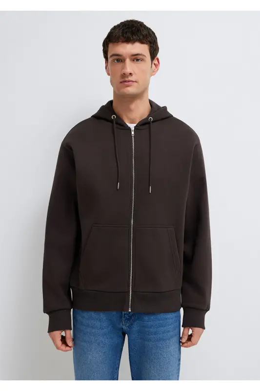 Kapüşonlu Fermuarlı Kahverengi Basic Sweatshirt 0S10277-70219-Kahverengi - 3