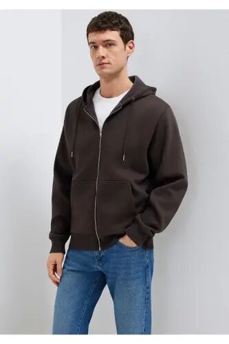 Kapüşonlu Fermuarlı Kahverengi Basic Sweatshirt 0S10277-70219 - Kahverengi - Mavi (1)