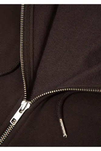 Kapüşonlu Fermuarlı Kahverengi Basic Sweatshirt 0S10277-70219-Kahverengi - 7