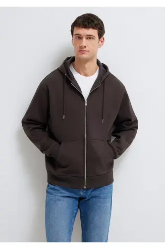Kapüşonlu Fermuarlı Kahverengi Basic Sweatshirt 0S10277-70219 - Kahverengi - 1
