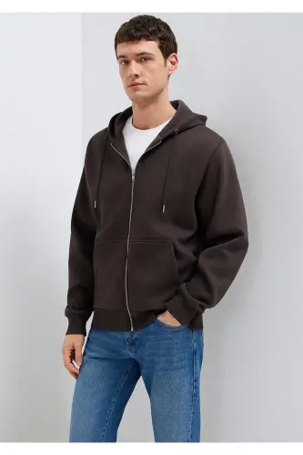 Kapüşonlu Fermuarlı Kahverengi Basic Sweatshirt 0S10277-70219 - Kahverengi - Mavi (1)