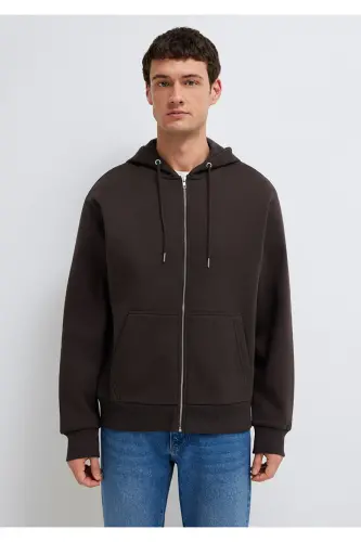 Kapüşonlu Fermuarlı Kahverengi Basic Sweatshirt 0S10277-70219 - Kahverengi - 3