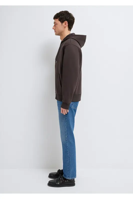 Kapüşonlu Fermuarlı Kahverengi Basic Sweatshirt 0S10277-70219 - Kahverengi - 4