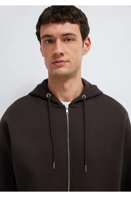 Kapüşonlu Fermuarlı Kahverengi Basic Sweatshirt 0S10277-70219 - Kahverengi - 6
