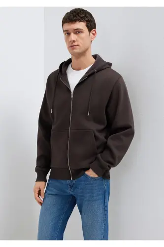 Kapüşonlu Fermuarlı Kahverengi Basic Sweatshirt 0S10277-70219-Kahverengi - MAVI (1)