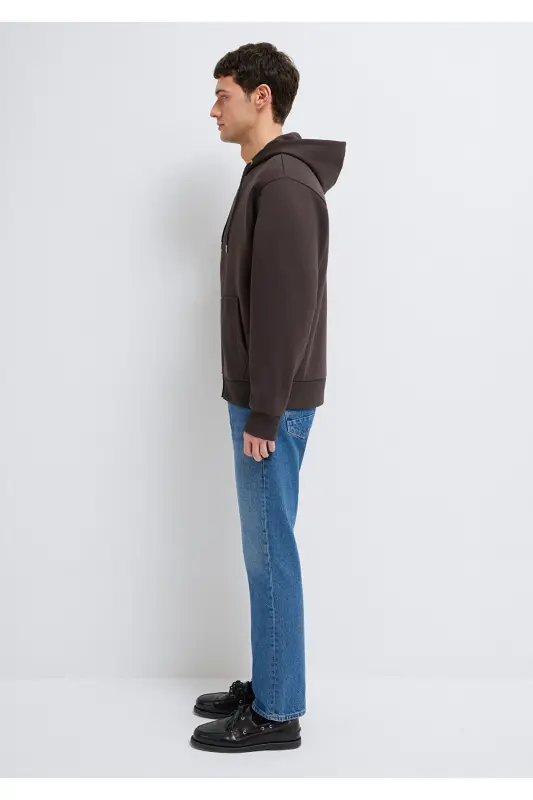 Kapüşonlu Fermuarlı Kahverengi Basic Sweatshirt 0S10277-70219-Kahverengi - 4