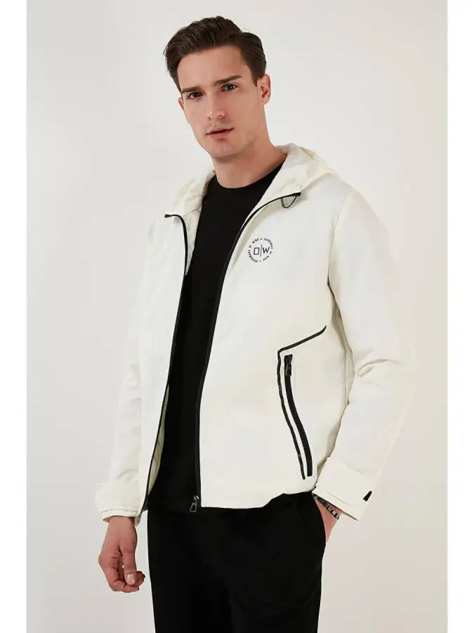 Beyaz Kapüşonlu Fermuarlı Regular Fit Mevsimlik İnce Erkek Mont 497LUKE-Beyaz - 13