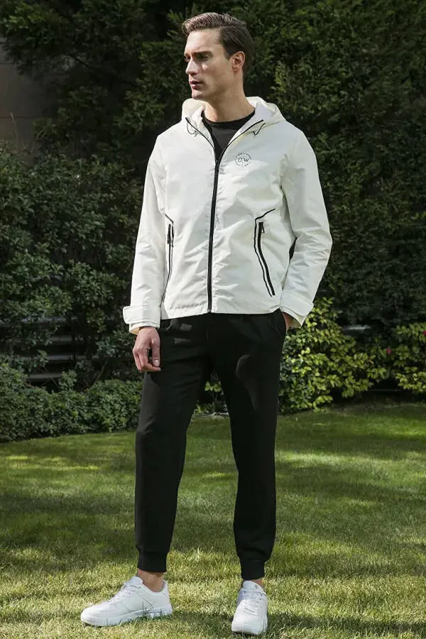 Beyaz Kapüşonlu Fermuarlı Regular Fit Mevsimlik İnce Erkek Mont 497LUKE-Beyaz - 17