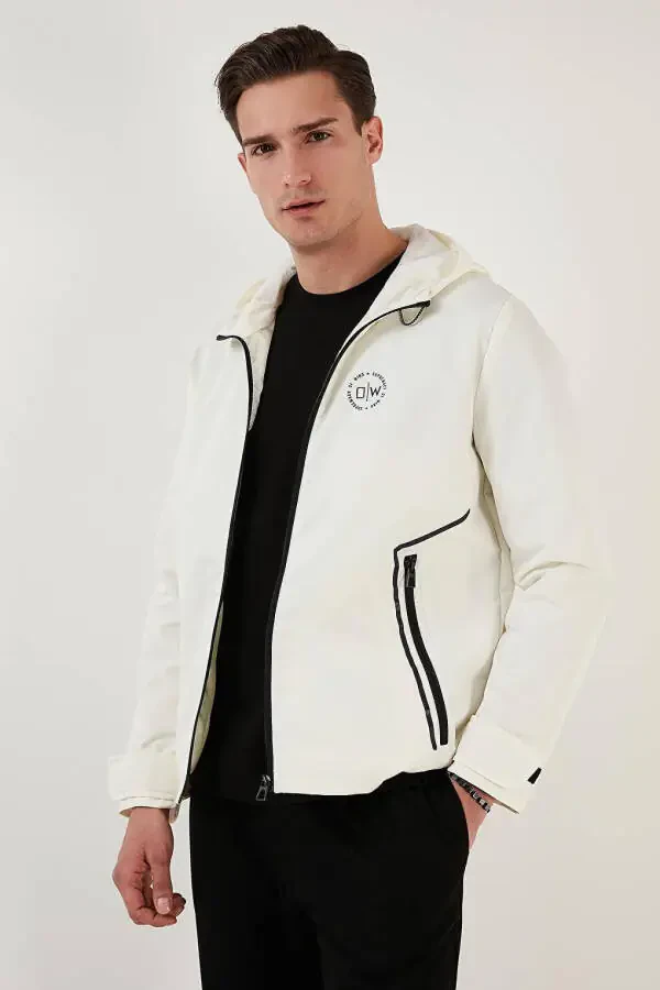 Beyaz Kapüşonlu Fermuarlı Regular Fit Mevsimlik İnce Erkek Mont 497LUKE-Beyaz - 18