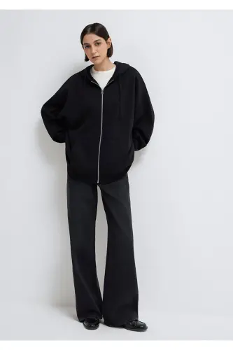 Kapüşonlu Fermuarlı Siyah Sweatshirt 1610221-900 - Siyah-900 - 2