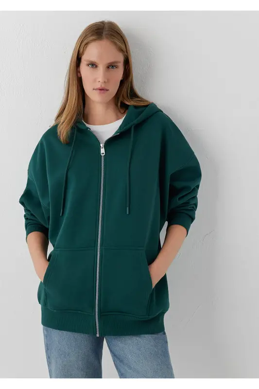 Kapüşonlu Fermuarlı Yeşil Sweatshirt 1610221-85173 - Yeşil - 1