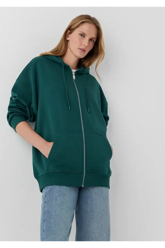 Kapüşonlu Fermuarlı Yeşil Sweatshirt 1610221-85173 - Yeşil - 2