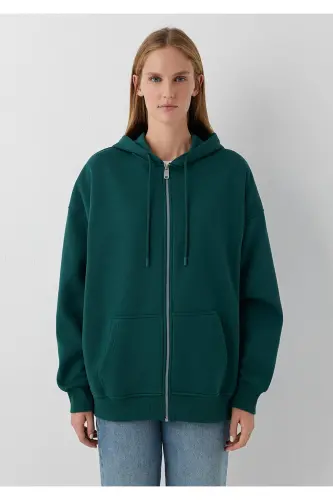 Kapüşonlu Fermuarlı Yeşil Sweatshirt 1610221-85173 - Yeşil - 3
