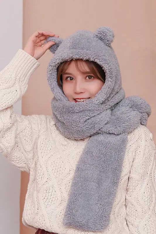 Kapşonlu Gri Balaklava Peluş Bere Atkı Kadın Welsoft Polar Kaşkol Şalı Rüzgar Geçirmez Kulaklı Şapka - Gri - 1