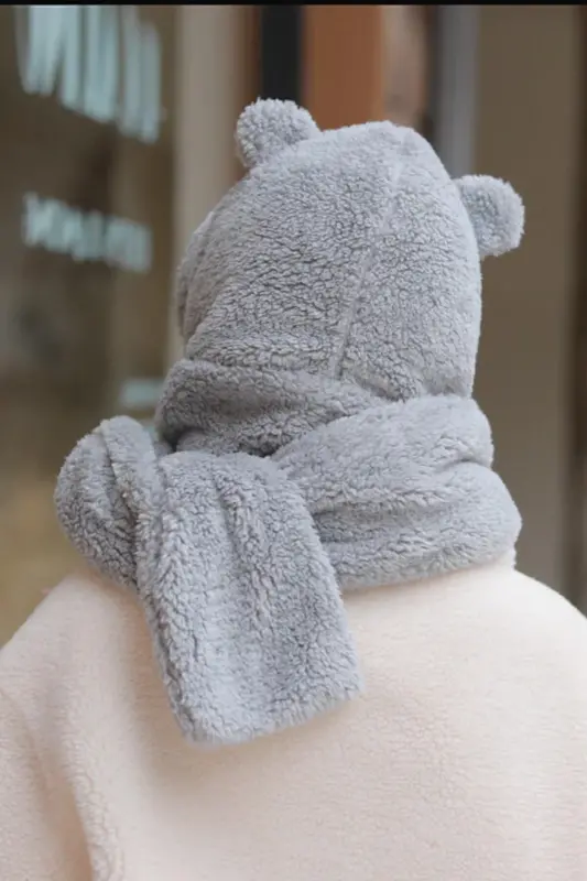 Kapşonlu Gri Balaklava Peluş Bere Atkı Kadın Welsoft Polar Kaşkol Şalı Rüzgar Geçirmez Kulaklı Şapka - Gri - 4