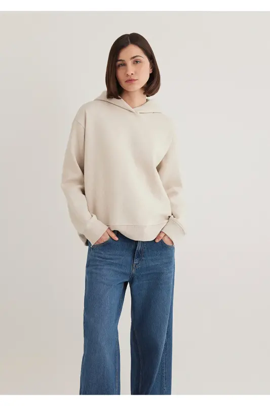 Kapüşonlu Bej Sweatshirt 1S10191-70143-Gri - 1