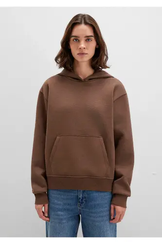 Kapüşonlu Kahverengi Basic Sweatshirt 167299-81959-Kahverengi - 3
