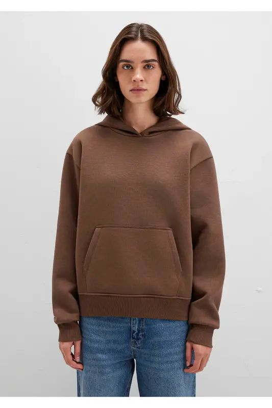 Kapüşonlu Kahverengi Basic Sweatshirt 167299-81959-Kahverengi - 3