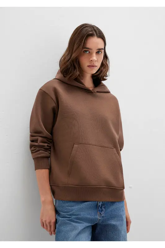 Kapüşonlu Kahverengi Basic Sweatshirt 167299-81959-Kahverengi - 1