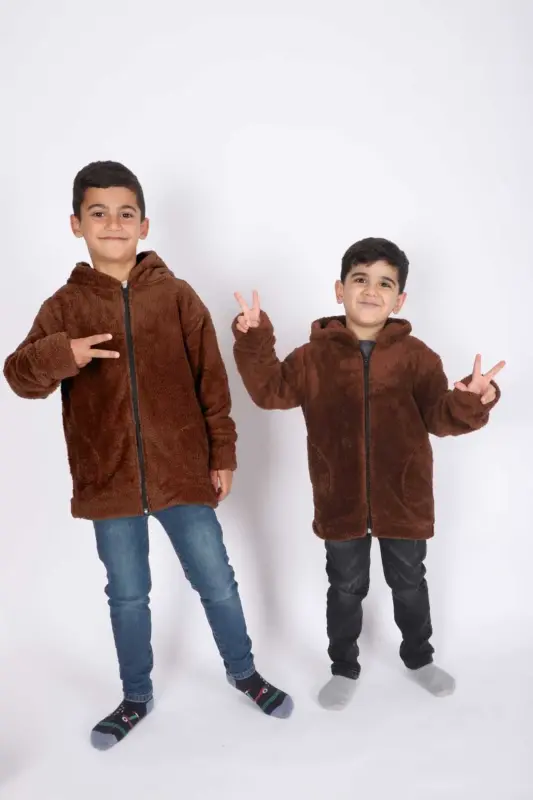 Kapüşonlü Kız-erkak Çocuk Çeketi-Kahverengi - 1
