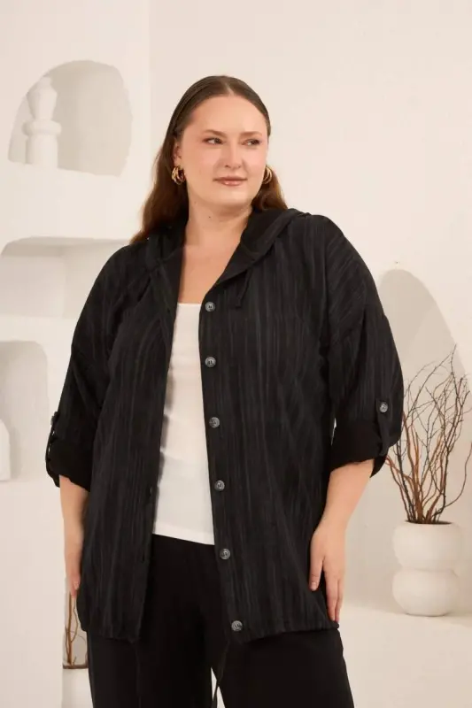 Kapuşonlu Kol Apolet Detaylı Büyük Beden Ceket Siyah - 1