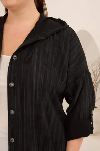 Kapuşonlu Kol Apolet Detaylı Büyük Beden Ceket Siyah - 3