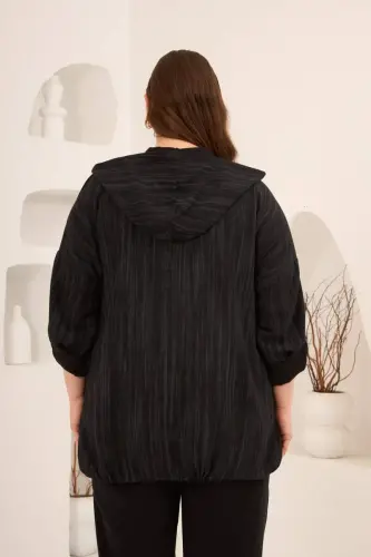 Kapuşonlu Kol Apolet Detaylı Büyük Beden Ceket Siyah - 4