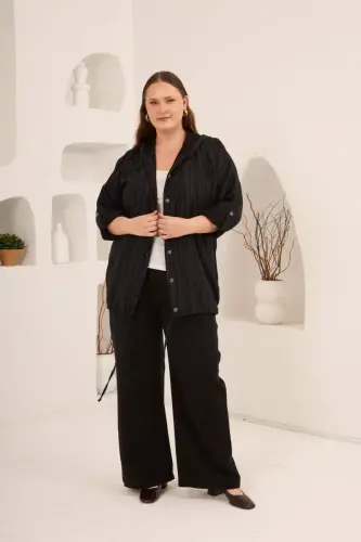 Kapuşonlu Kol Apolet Detaylı Büyük Beden Ceket Siyah - 5