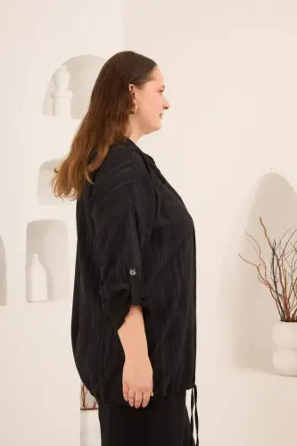 Kapuşonlu Kol Apolet Detaylı Büyük Beden Ceket Siyah - BÜYÜKBEDENIZ (1)