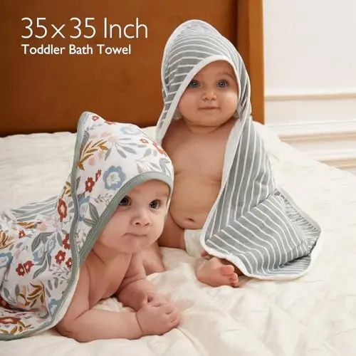 Momcozy Baby Towel with Hooded-2 Pack Soft Bath Towel Set-Shower Gifts or Bath Essential for Infant, Newborn, Toddler (35 X 35 Inch, Petite Blossom) 