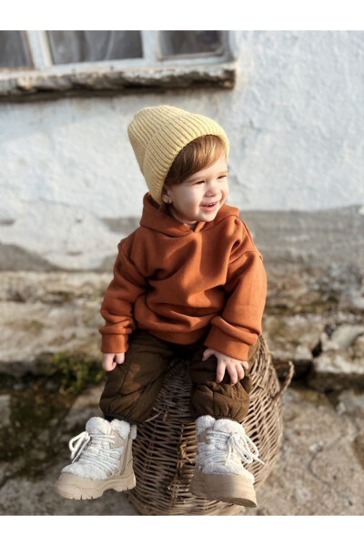 Kapüşonlu Oversize Sweatshirt -Bebek/Çocuk Üç İplik içi Polarlı Kalın Kumaş Sweat-Taba - 1