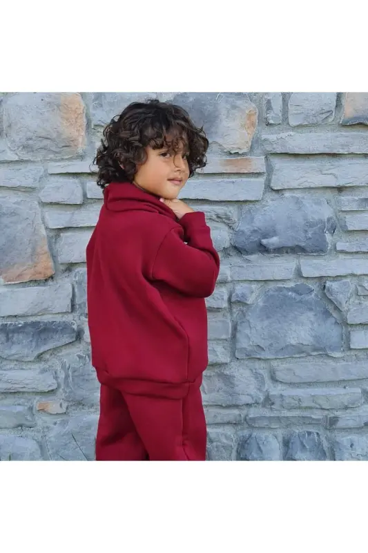 Kapüşonlu Oversize Sweatshirt -bebek/çocuk Üç Iplik Içi Polarlı Kalın Kumaş Sweat - Bordo - 1
