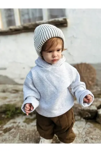 Kapüşonlu Oversize Sweatshirt -Bebek/Çocuk Üç İplik içi Polarlı Kalın Kumaş Sweat - Gri - 2