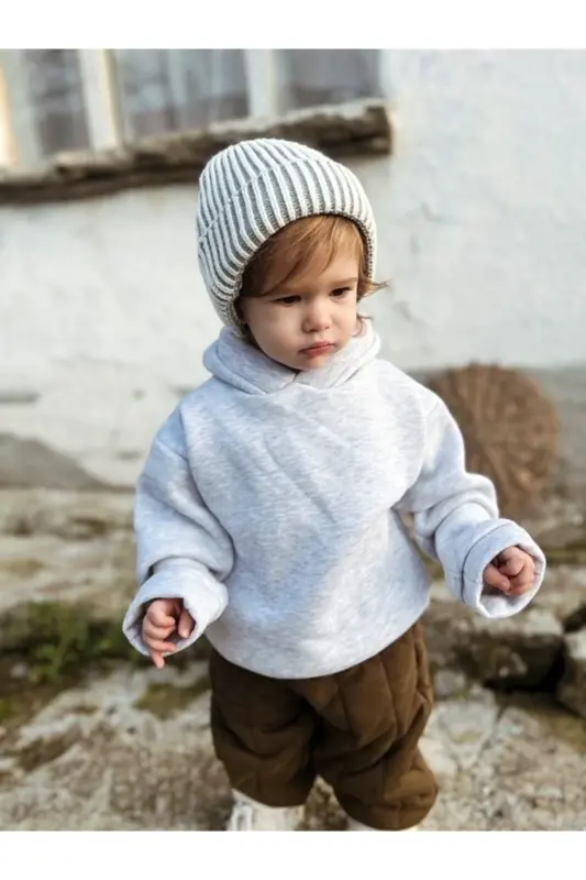 Kapüşonlu Oversize Sweatshirt -Bebek/Çocuk Üç İplik içi Polarlı Kalın Kumaş Sweat - Gri - 2