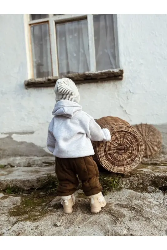 Kapüşonlu Oversize Sweatshirt -Bebek/Çocuk Üç İplik içi Polarlı Kalın Kumaş Sweat - Gri - 3