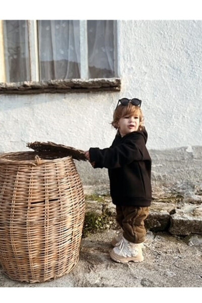 Kapüşonlu Oversize Sweatshirt -Bebek/Çocuk Üç İplik içi Polarlı Kalın Kumaş Sweat - Siyah - 2