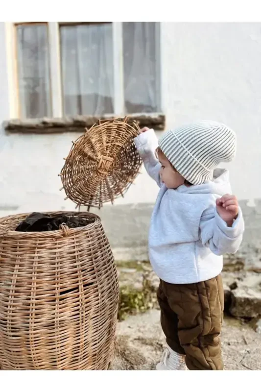 Kapüşonlu Oversize Sweatshirt -Bebek/Çocuk Uch Ipikli İçi Polarlı Kalın Kumaş Sweat-Kulrang - BEBEĞİME ÇORAP