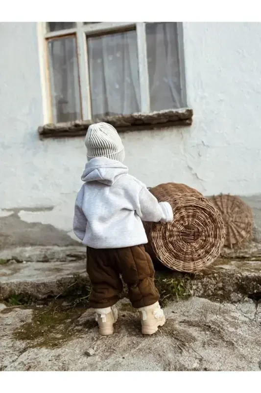 Kapüşonlu Oversize Sweatshirt -Bebek/Çocuk Uch Ipikli İçi Polarlı Kalın Kumaş Sweat-Kulrang - 3