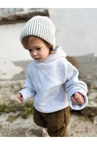 Kapüşonlu Oversize Sweatshirt -Bebek/Çocuk Uch Ipikli İçi Polarlı Kalın Kumaş Sweat-Kulrang - 5