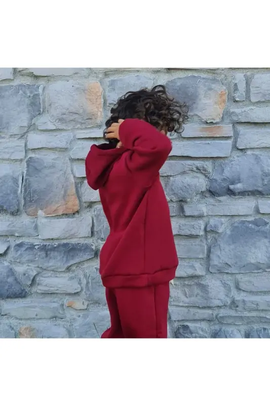 Kapüşonlu Oversize Sweatshirt - chaqaloq/bolalar Uch Ip Ichi Polarli Qalin Mato Sweat - Bordo - 3